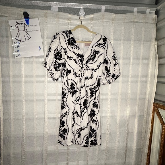 White Closet Elements Mini Dress Women L White Black Linen Blend Puff Sleeve - Picture 3 of 8